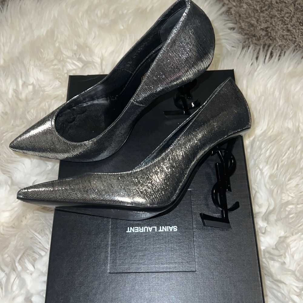 Authentic Saint Laurent silver/black heels.